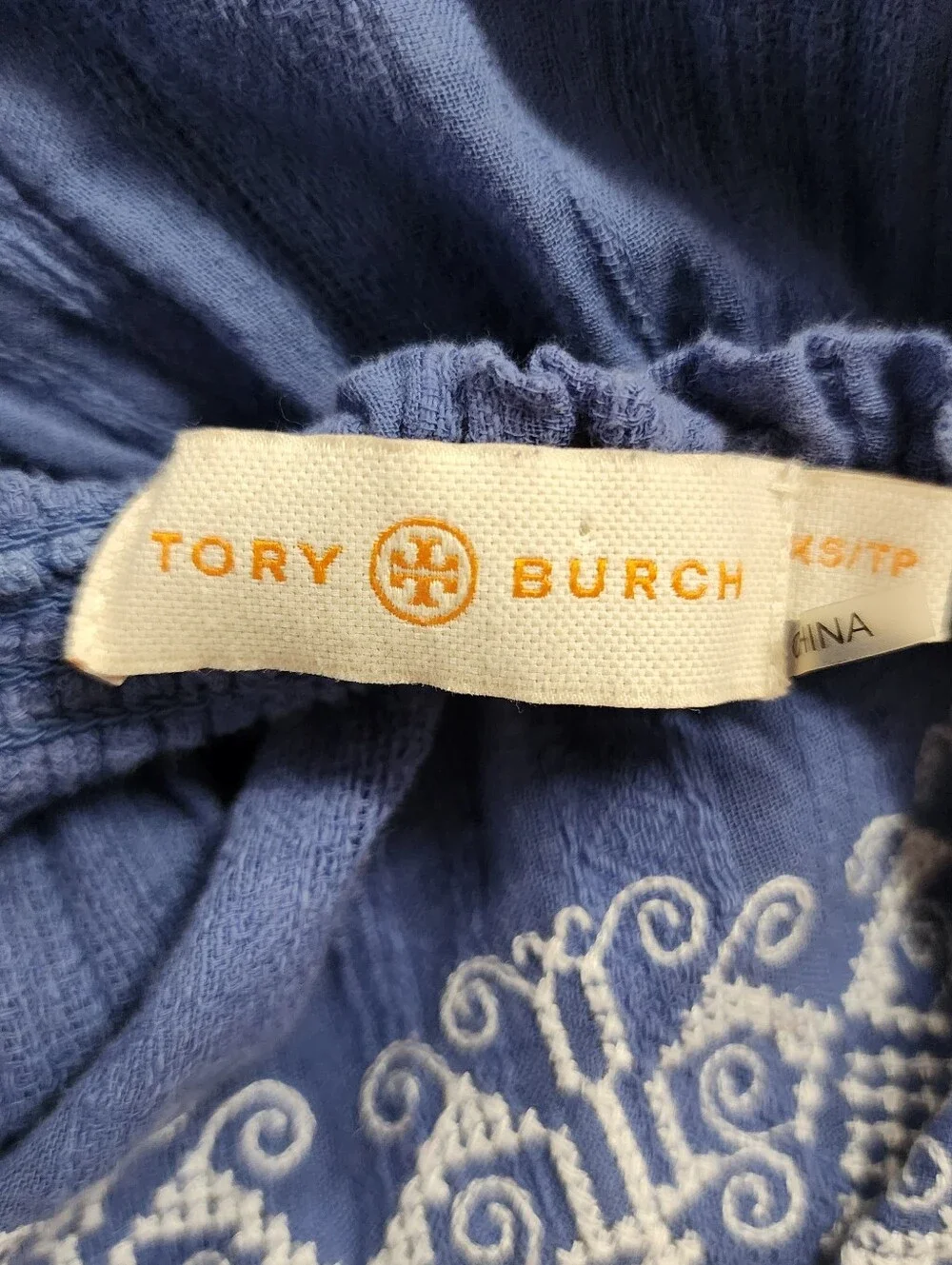 Tory Burch Blue Cotton Off-Shoulder Embroidered Women’s Smocked Mini Dress XS